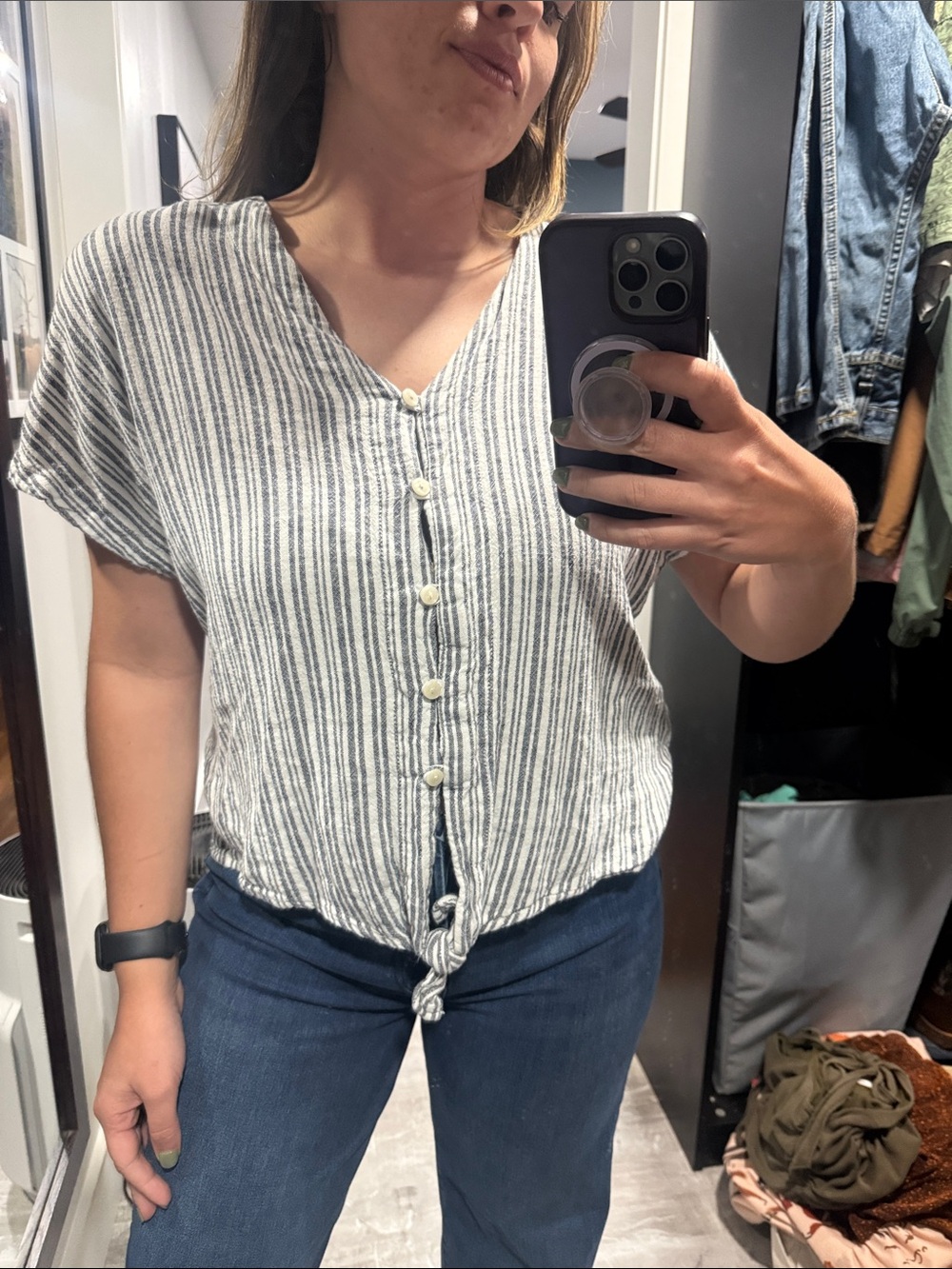 Striped Tie-Front Button Top - White & Navy